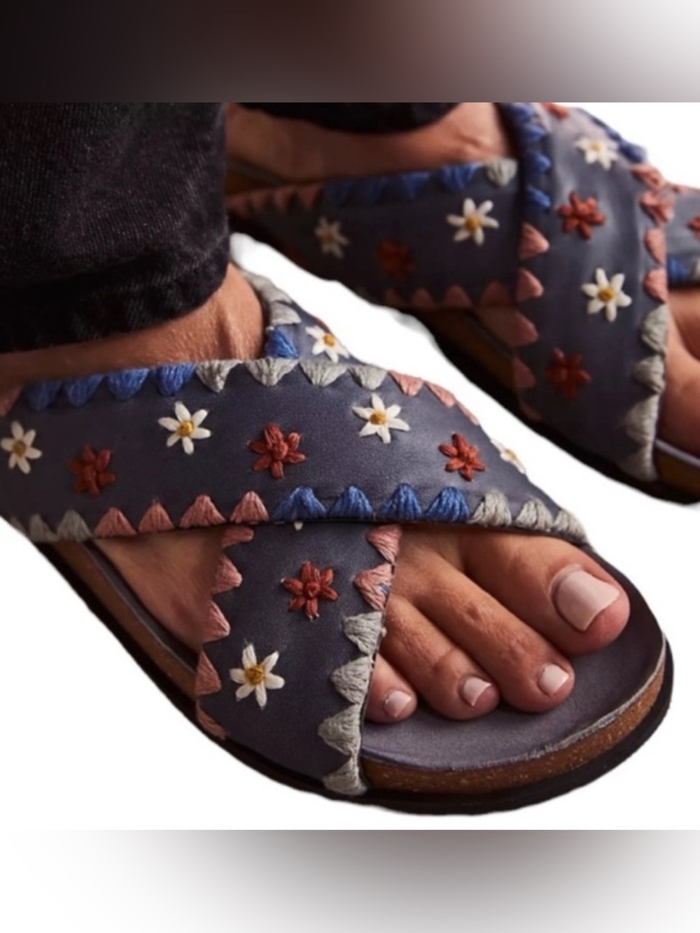 FREE PEOPLE 38 Bohemian Blue Leather Wildflowers Crossband Sandals
